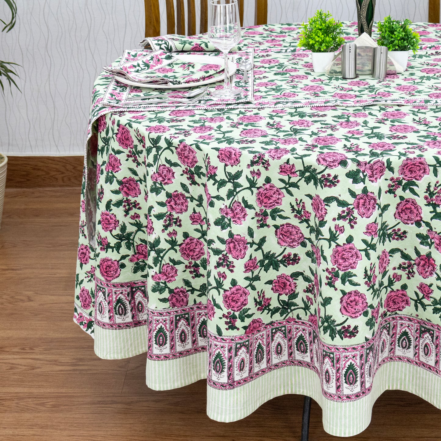 Pink and Green Hand Block Printed Round Tablecloth - My Store