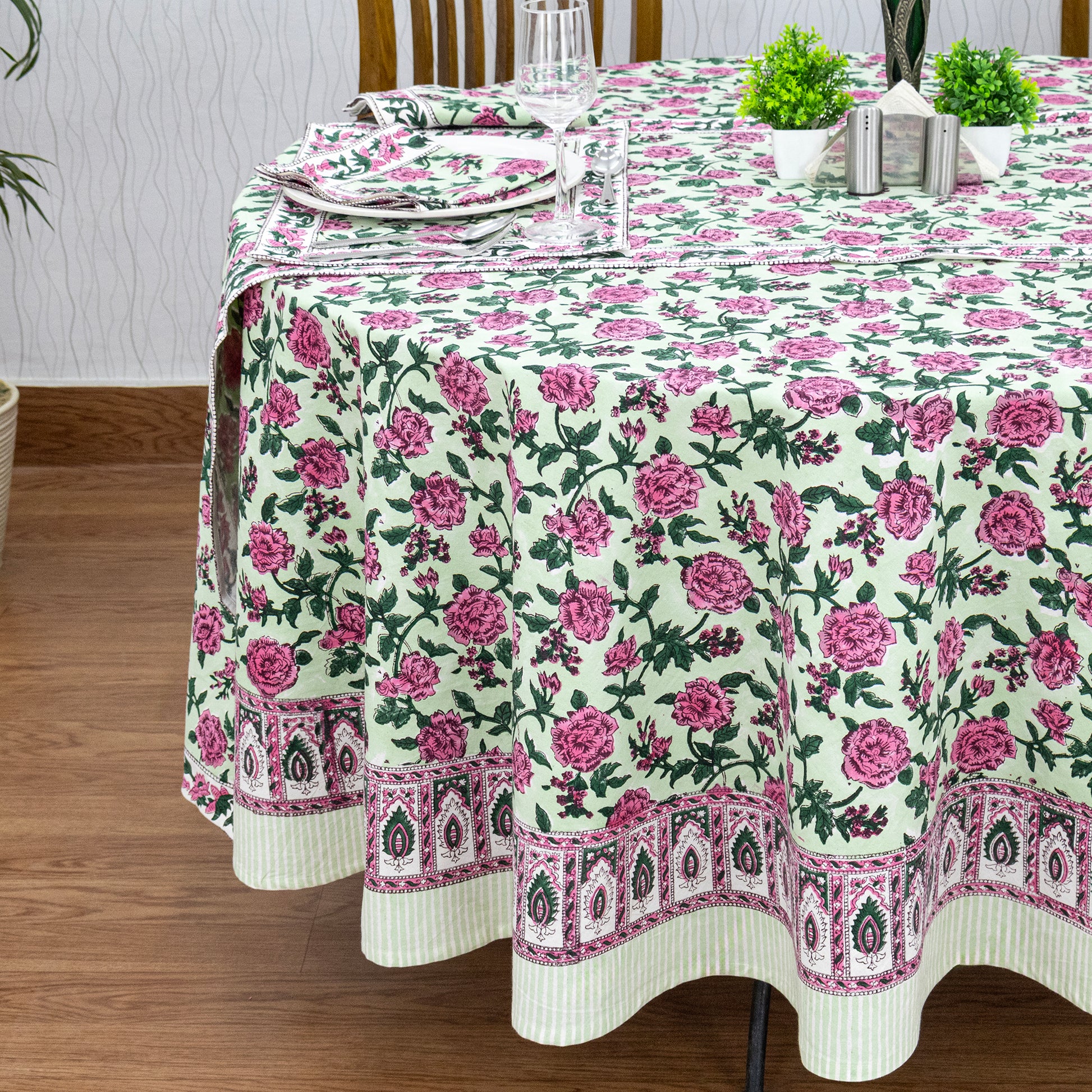 Pink and Green Hand Block Printed Round Tablecloth - My Store