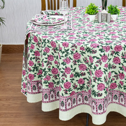 Pink and Green Hand Block Printed Round Tablecloth - My Store