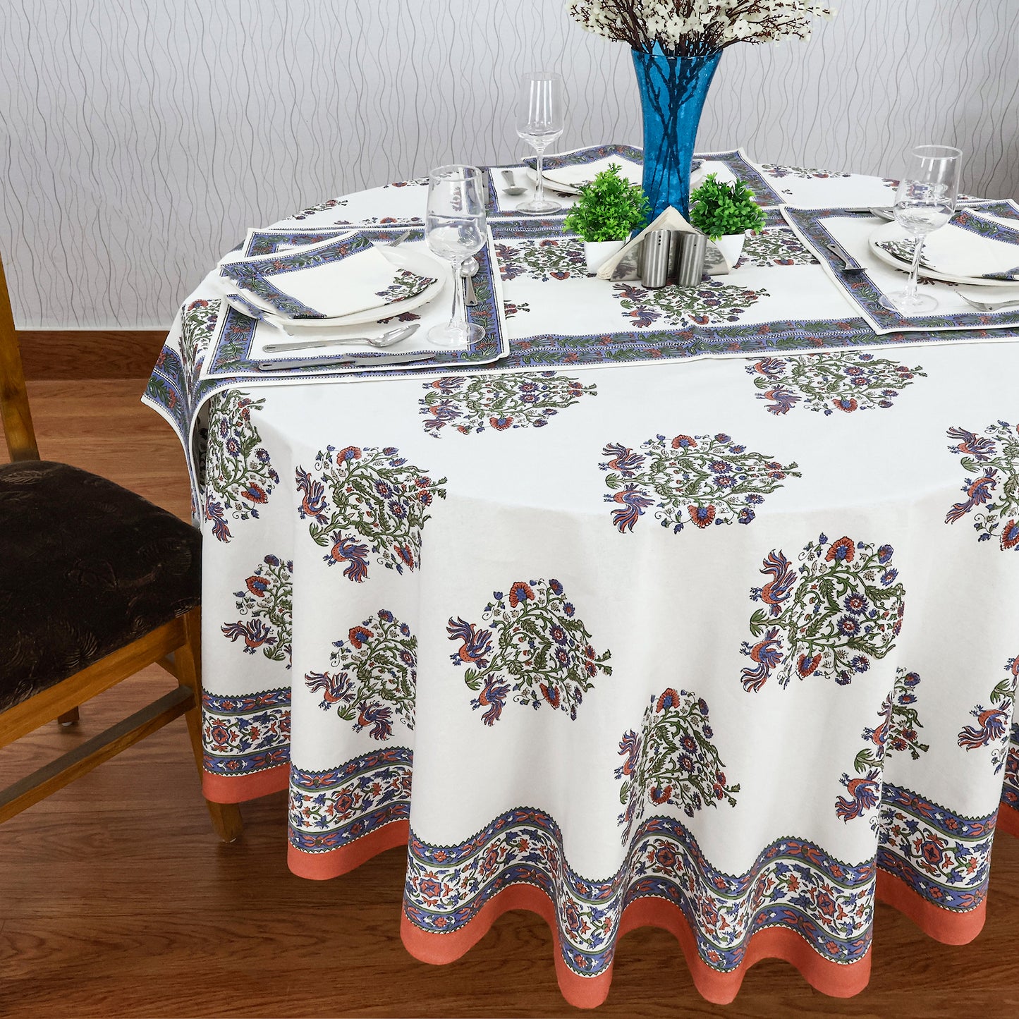 White and Blue Handmade Block Printed Cotton Tablecloth - My Store