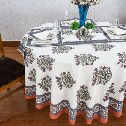 White and Blue Handmade Block Printed Cotton Tablecloth - My Store