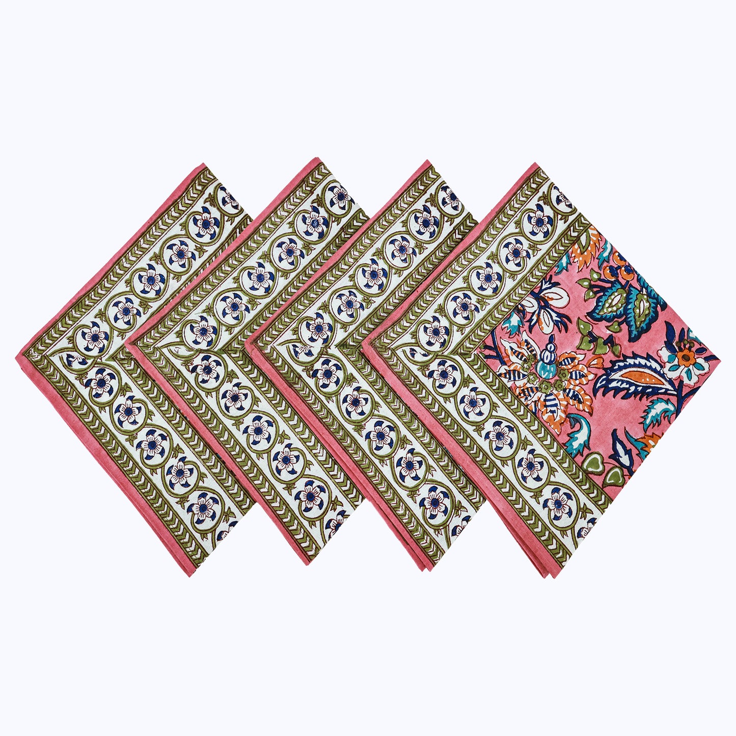 Pink and Blue Hand Block Printed Cotton Napkins Set Of 4 - My Store