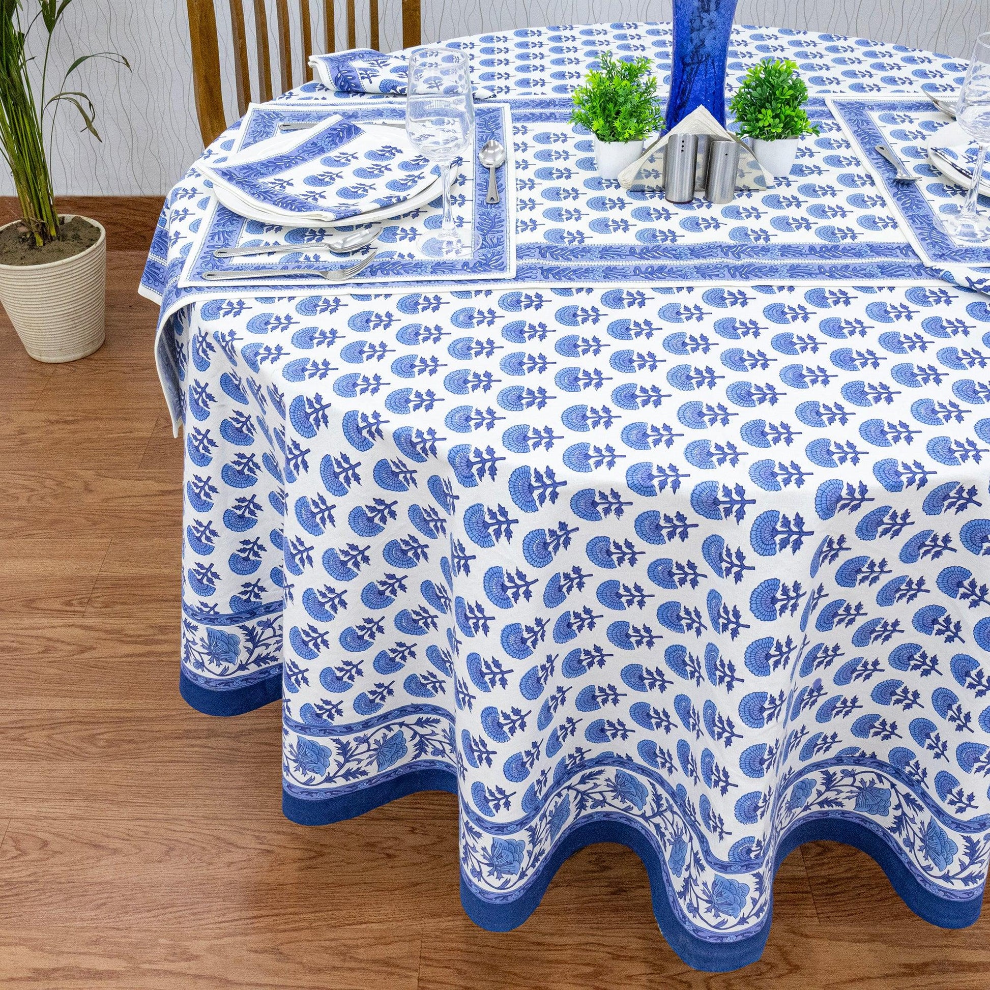 Blue & White Round Tablecloth, Custom Size Table Linens - My Store