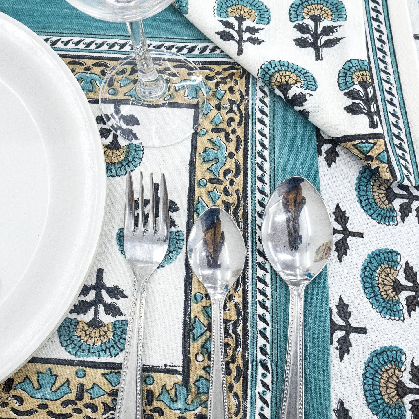 Teal Blue and White Floral Table Cloth, Block Printed Table Cover - My Store