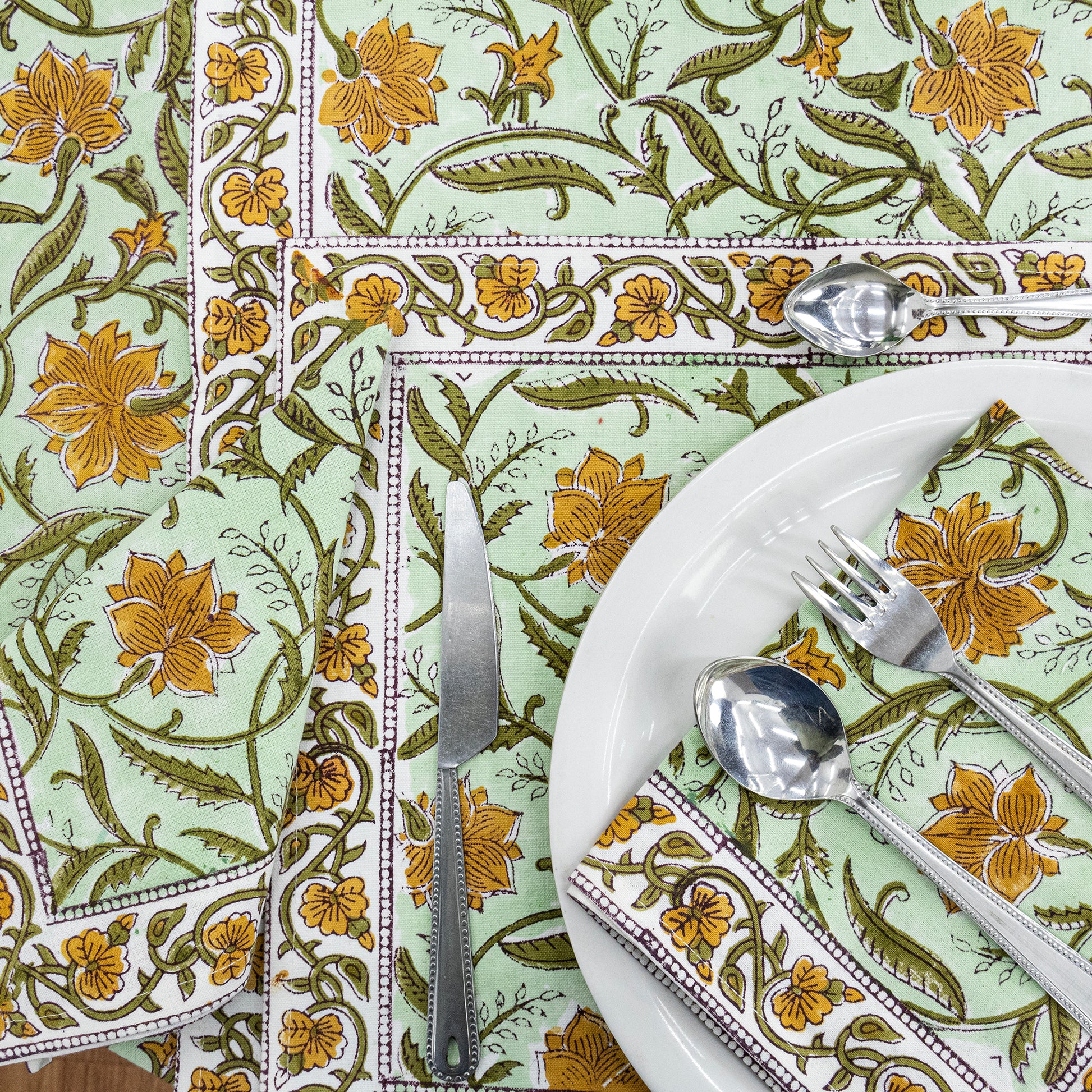 Green and Orange Hand Block Printed Cotton Tablecloth - My Store