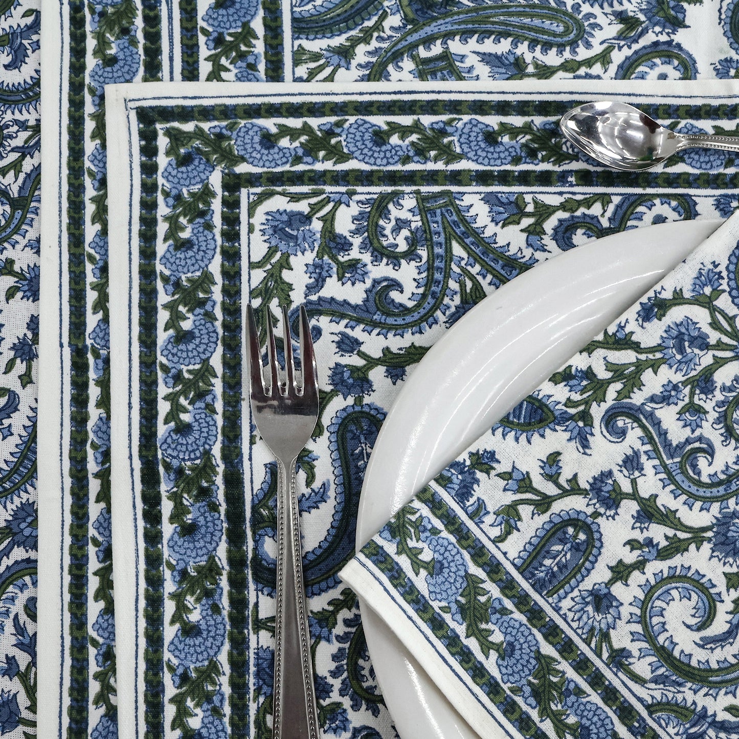 Blue Cotton Hand Block Printed Round Tablecloth - My Store