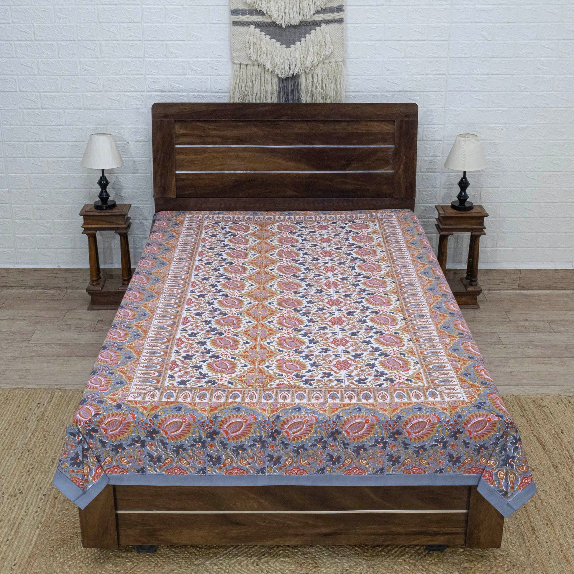 Indian Handmade Block Printed Orange and Multicolor Floral Pattern Cotton Bed sheet For living Room, Kids Room - My Store