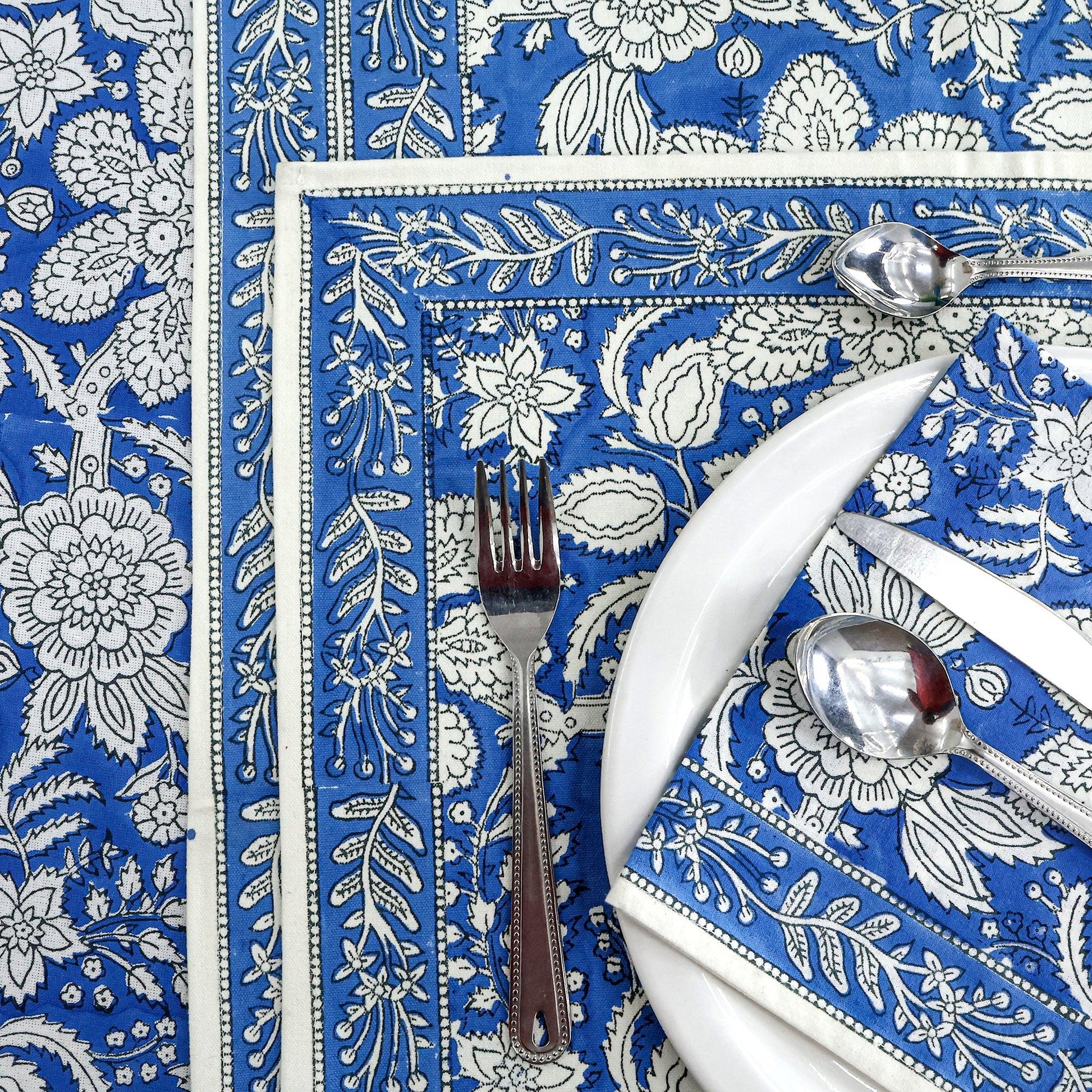 Cerulean Blue Base and White Floral Hand Block Printed Cotton - My Store