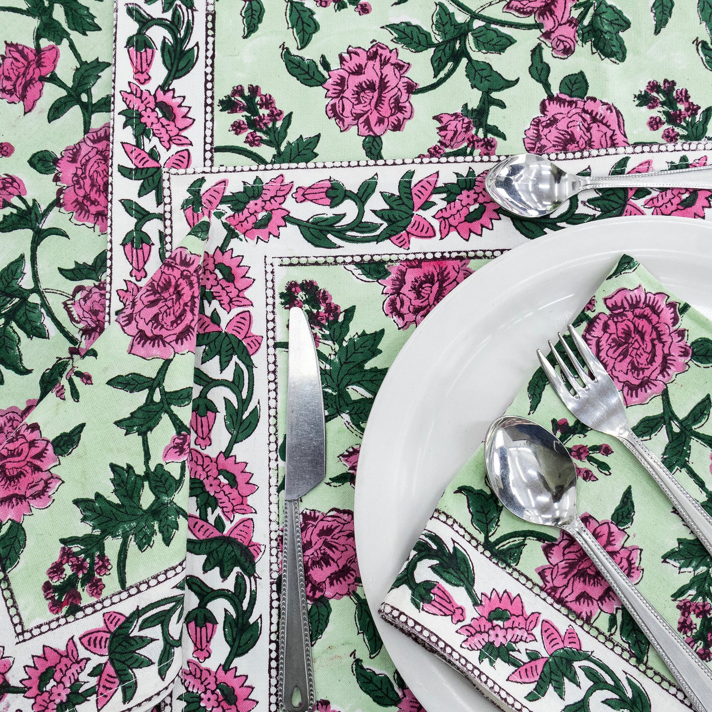 Pink and Green Hand Block Printed Round Tablecloth - My Store
