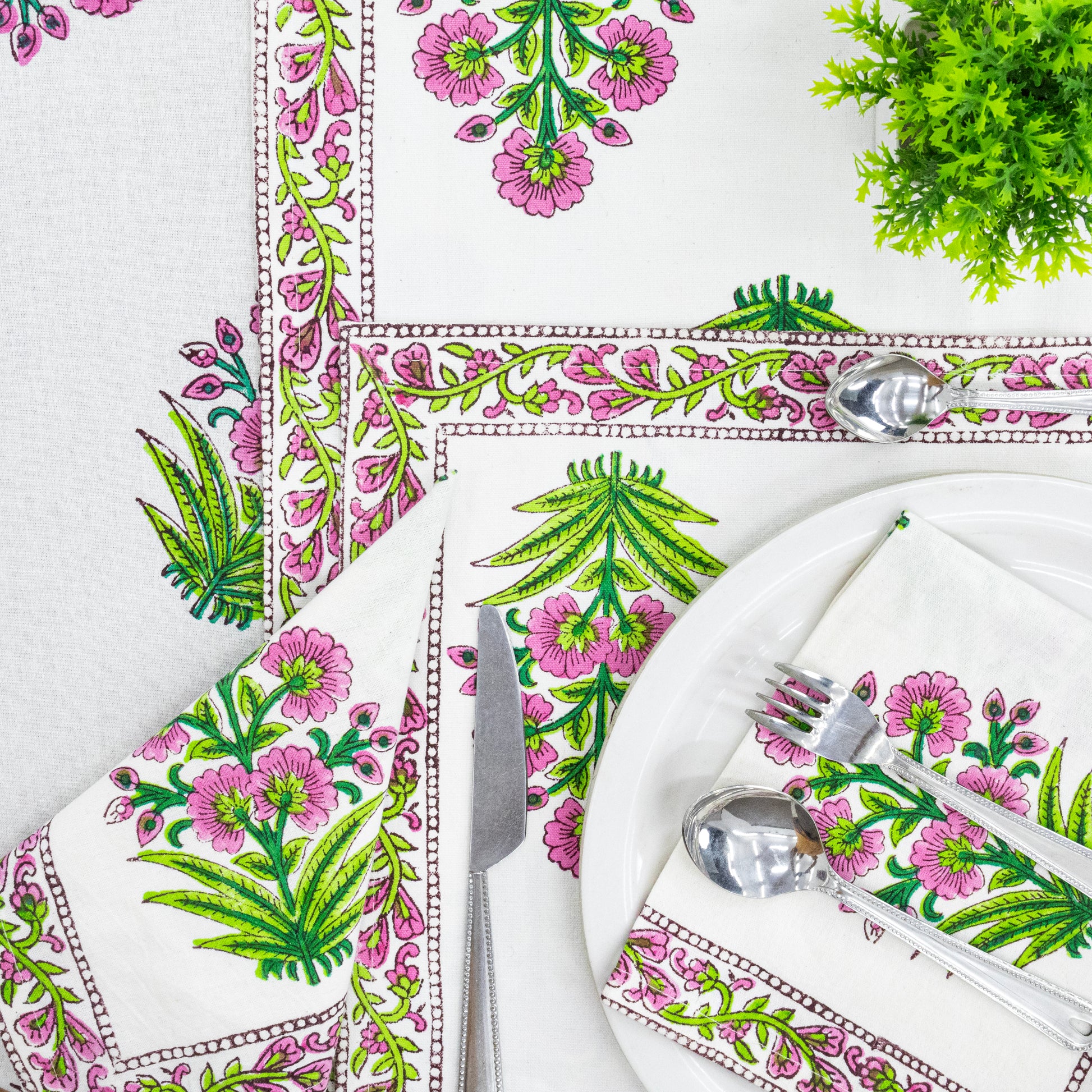 White and Pink Handmade Block Printed Cotton Tablecloth - My Store