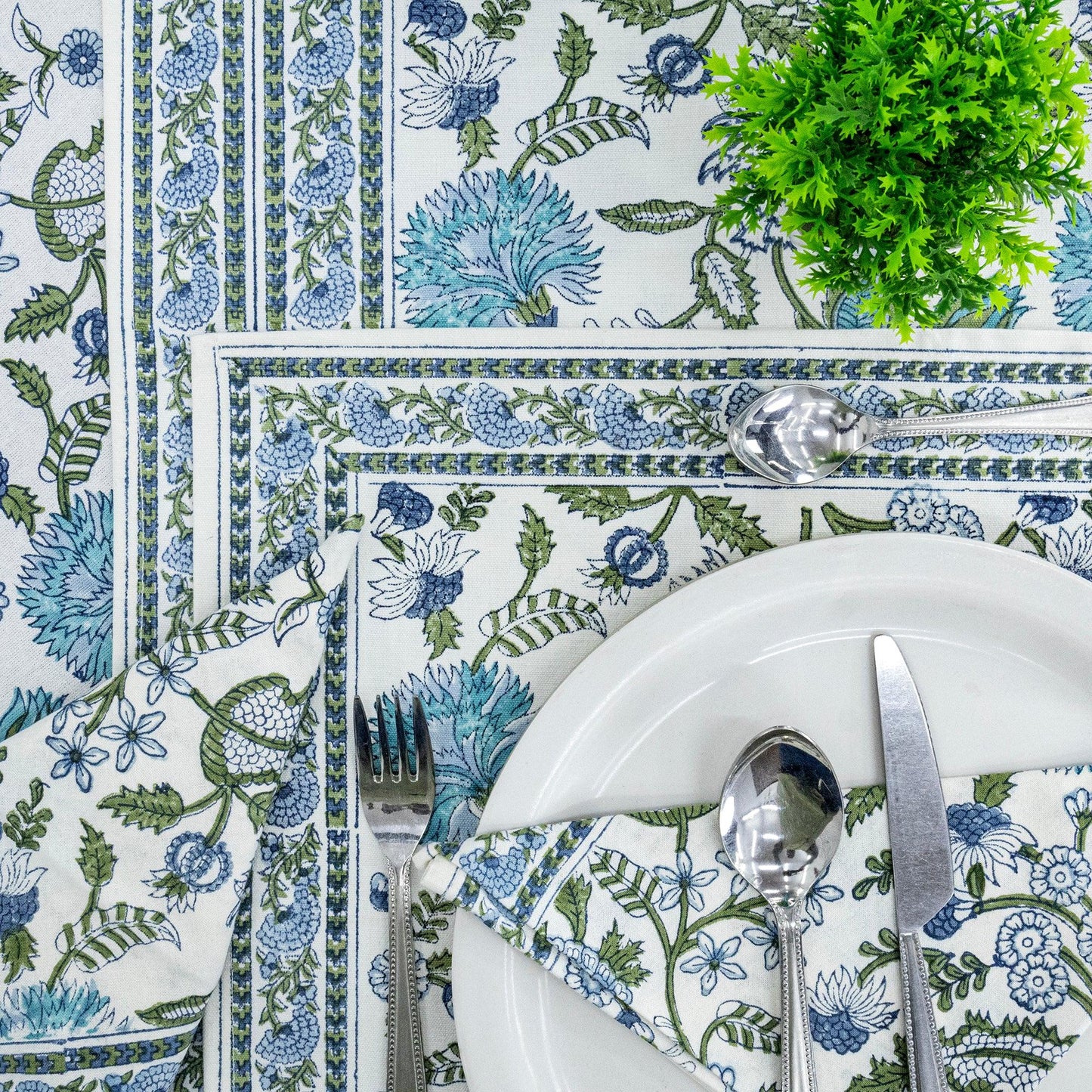 Baby Blue and White Floral Block Printed Round Table Cover - My Store