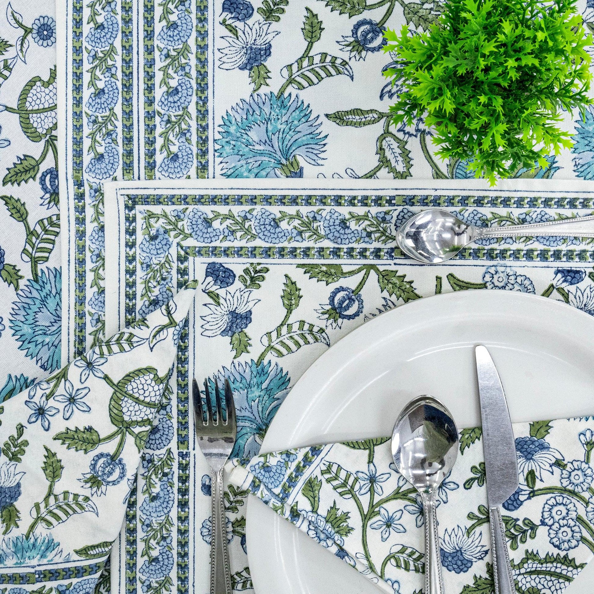 Baby Blue and White Floral Block Printed Round Table Cover - My Store