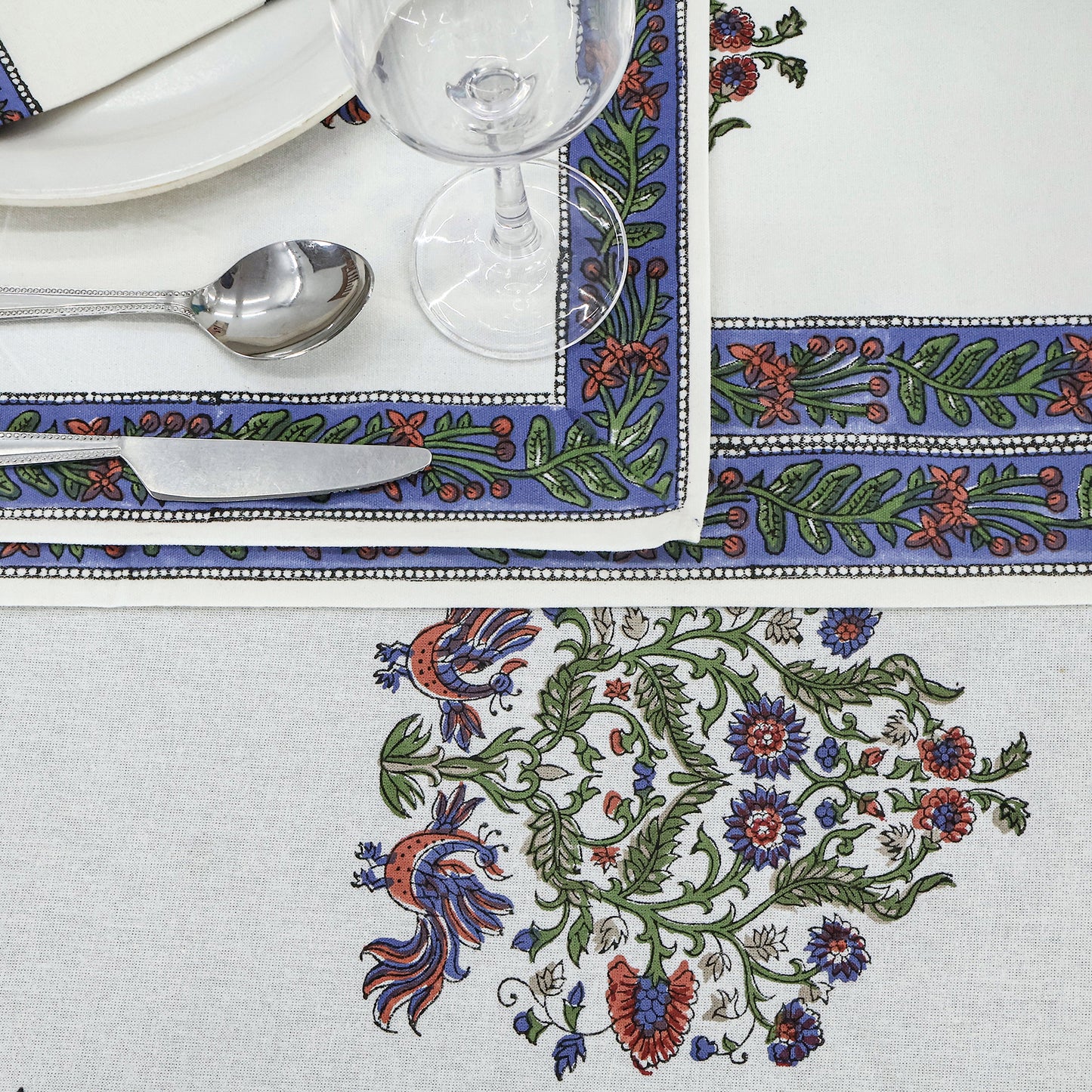 White and Blue Handmade Block Printed Cotton Tablecloth - My Store