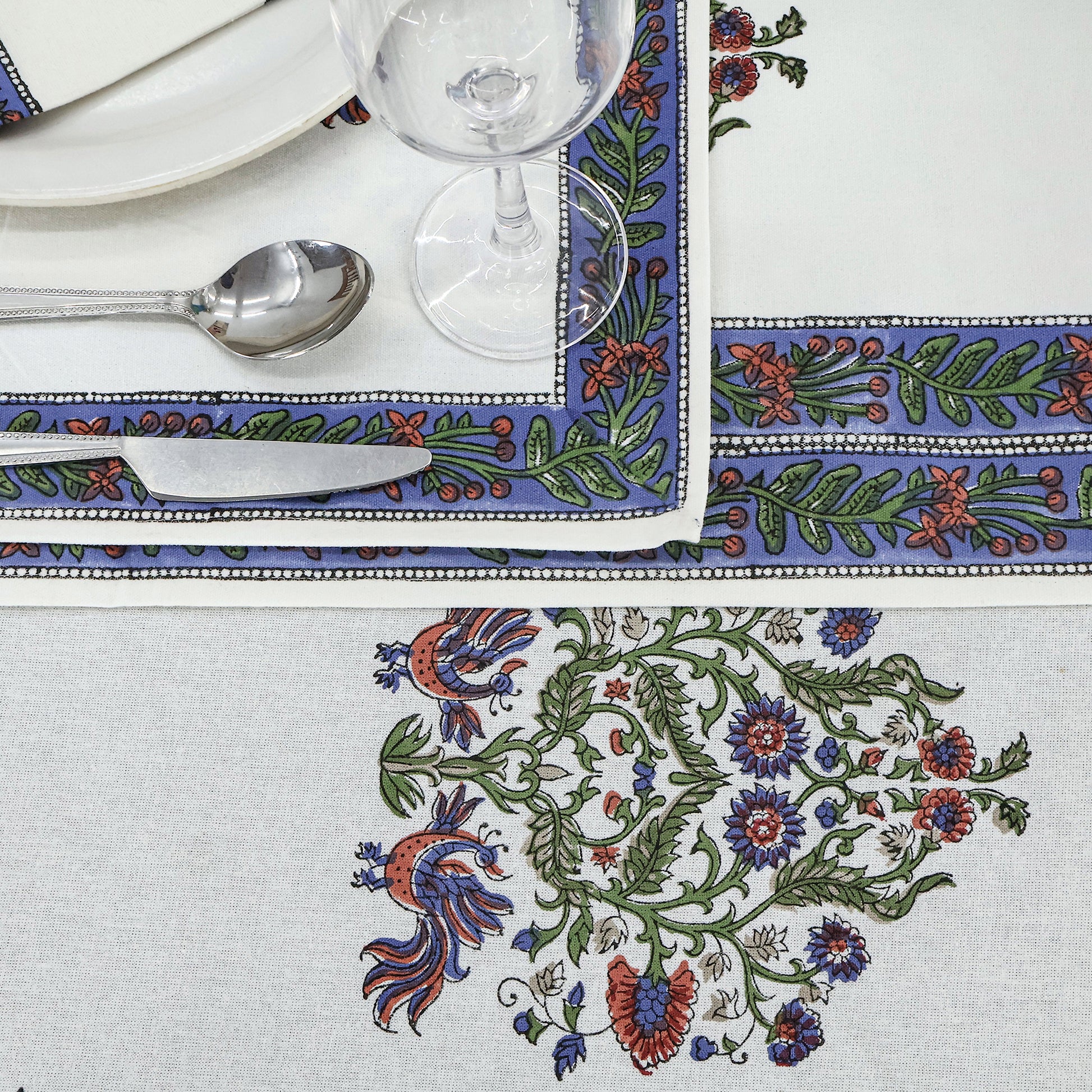 White and Blue Handmade Block Printed Cotton Tablecloth - My Store