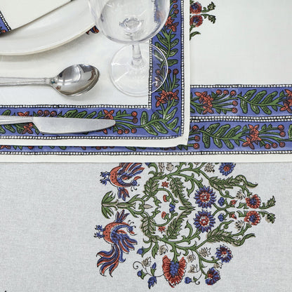 White and Blue Handmade Block Printed Cotton Tablecloth - My Store