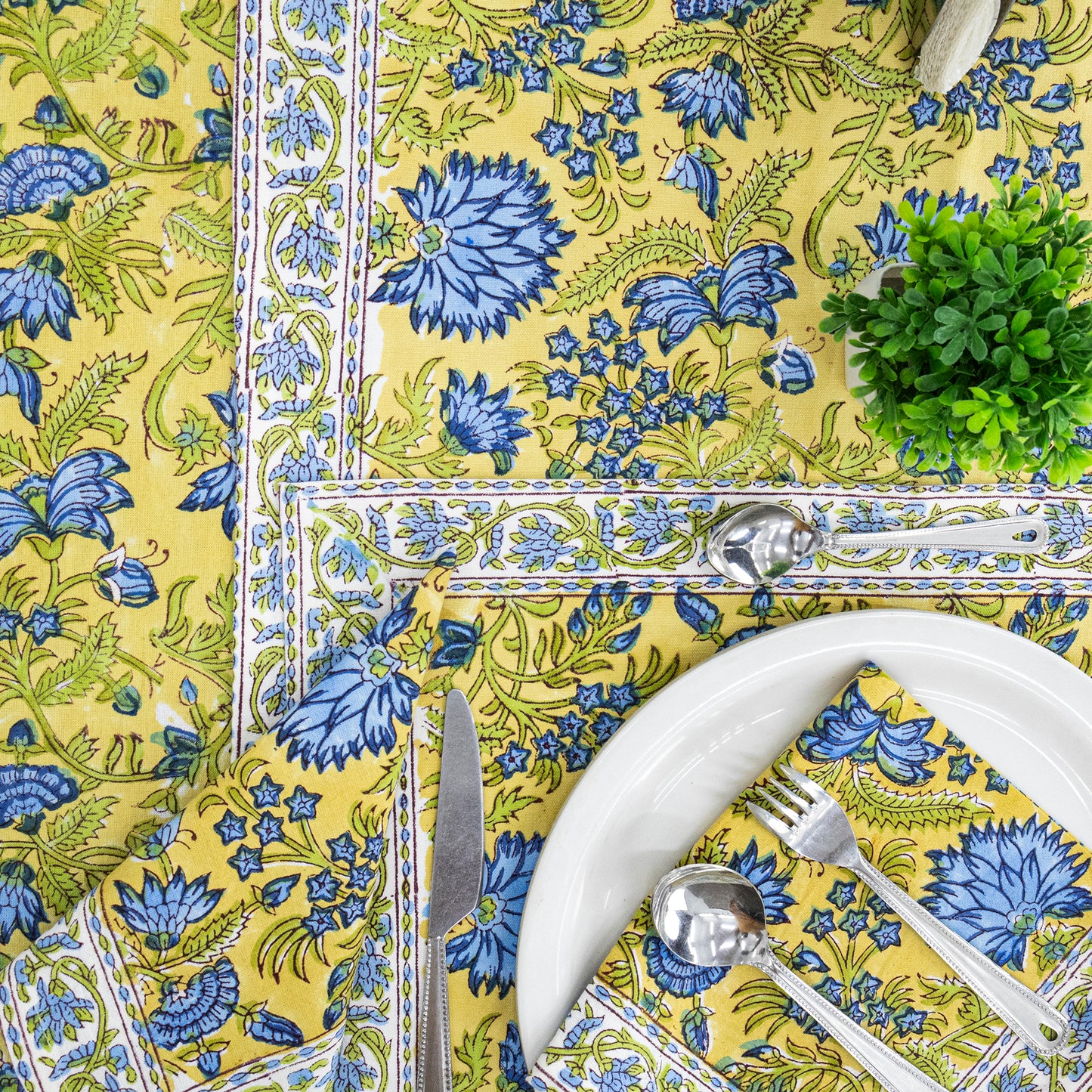 Yellow and Blue Handmade Round Cotton Tablecloth - My Store