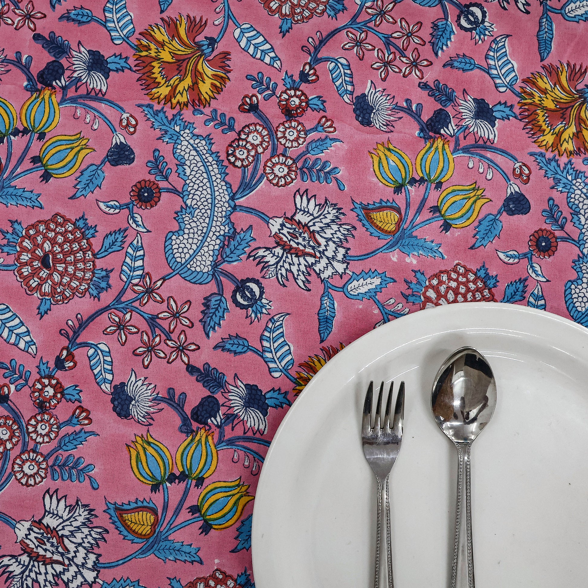 Pink and Blue Handmade Block Printed Round Tablecloth - My Store