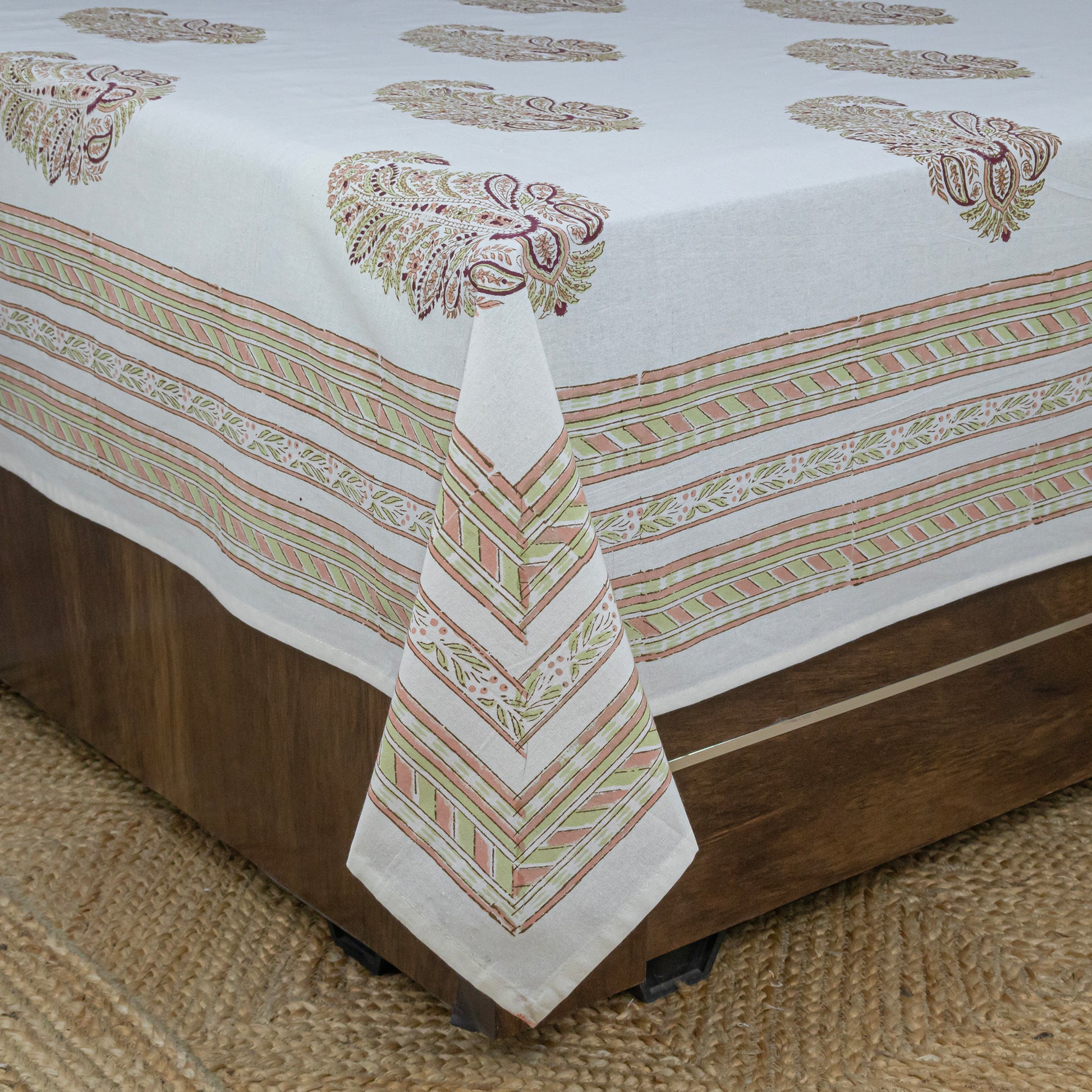 Cotton Bedsheet – Hand Block Floral Print – White & Green – King, Queen, Twin Sizes - My Store