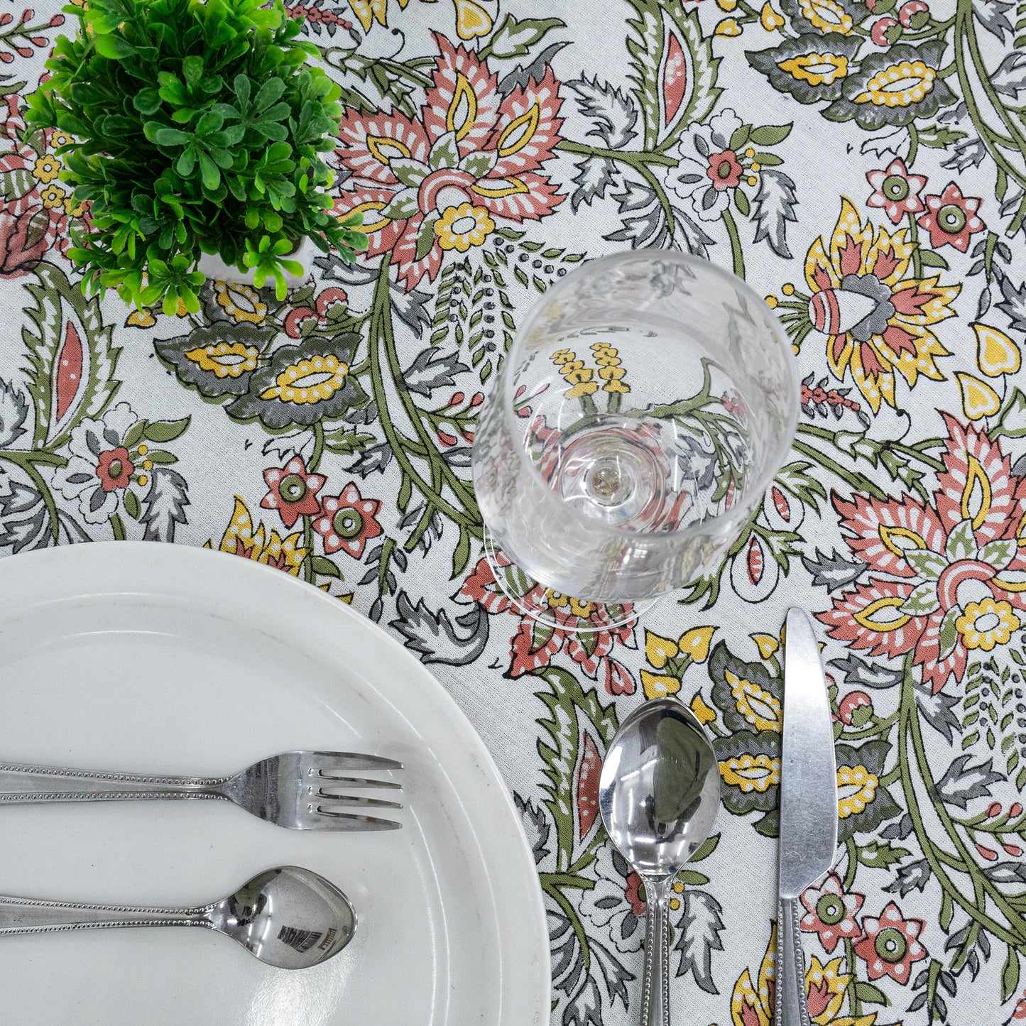 Teal Blue and White Floral Table Cloth, Block Printed Table Cover, Round Table Cloth - My Store