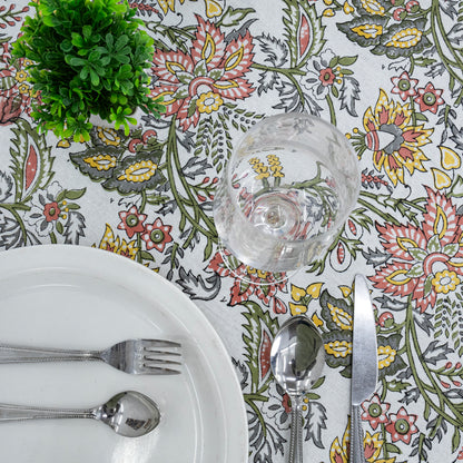 Teal Blue and White Floral Table Cloth, Block Printed Table Cover, Round Table Cloth - My Store