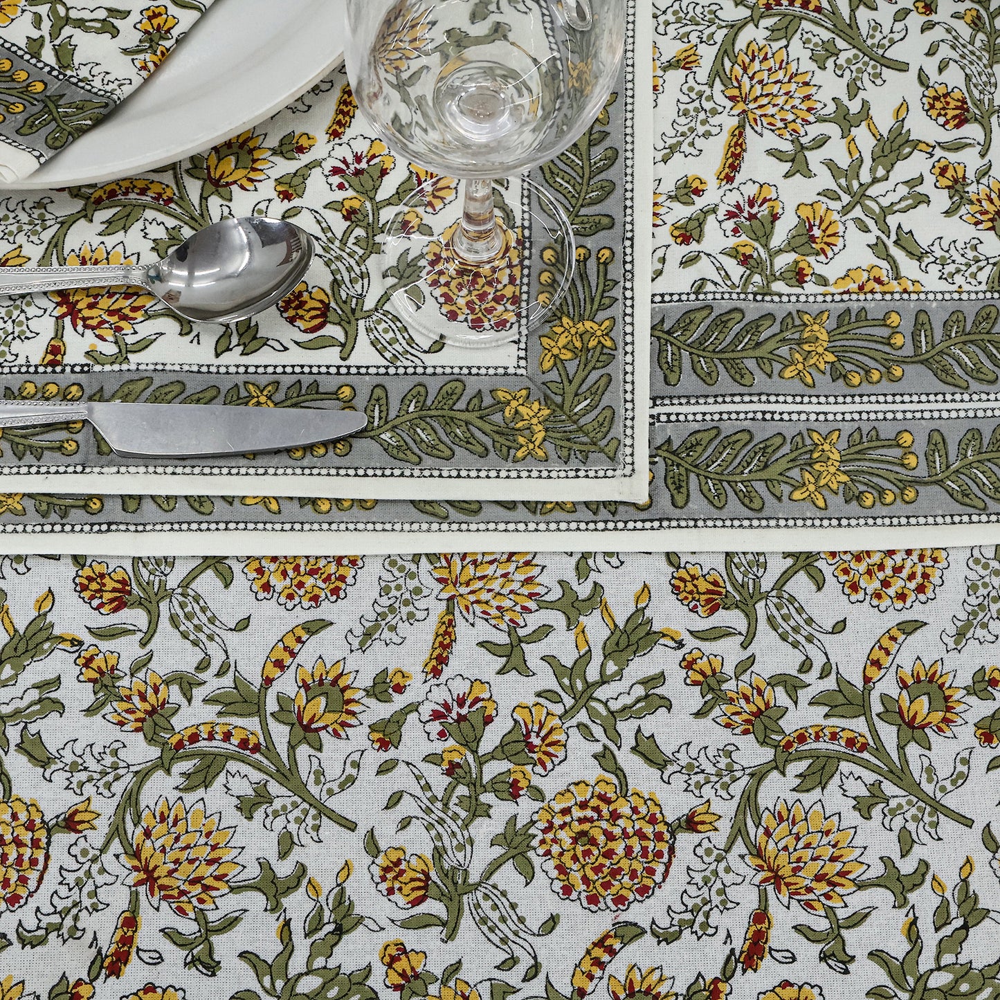 Grey and White Floral Block Printed Table Cloth For Valentine Decor - My Store