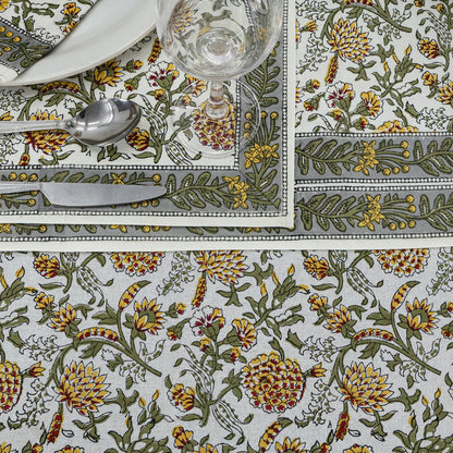 Grey and White Floral Block Printed Table Cloth For Valentine Decor - My Store