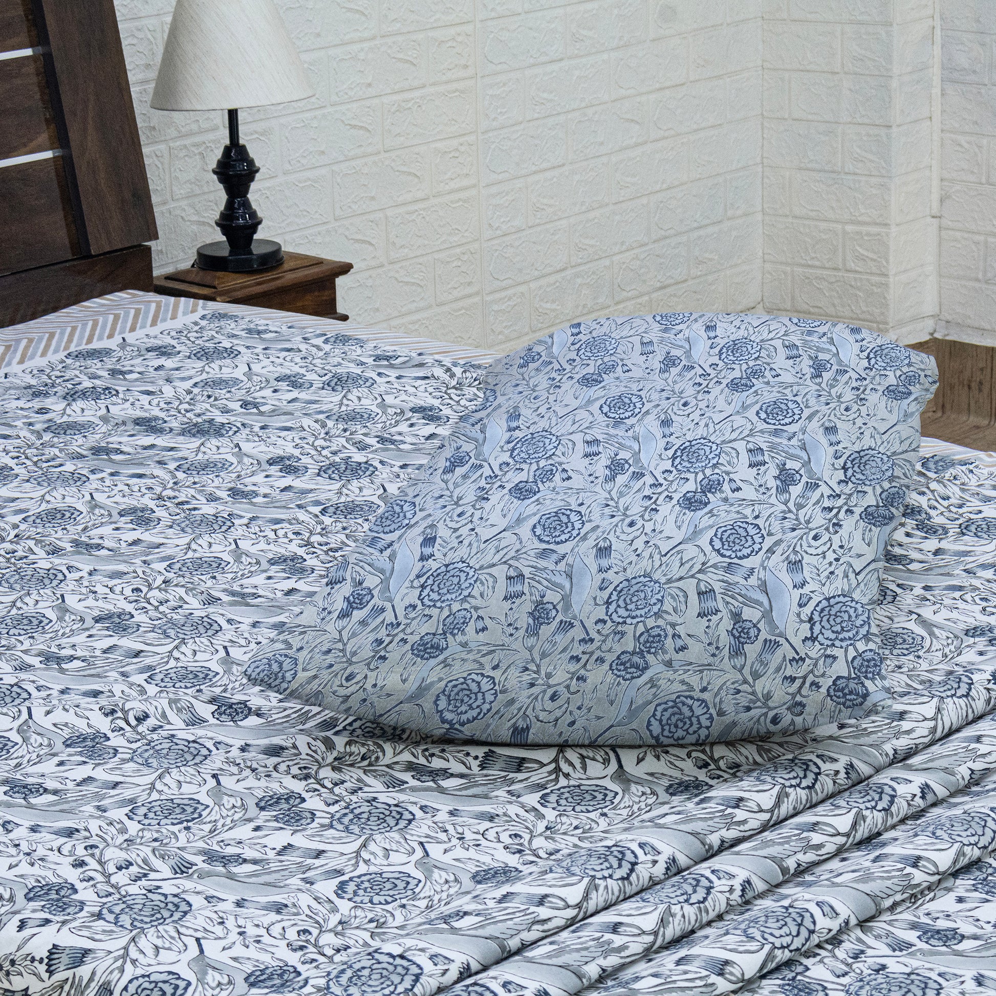 Indian Handmade Block Printed White and Gray Floral Pattern Cotton Bed sheet For living Room, Kids Room - My Store