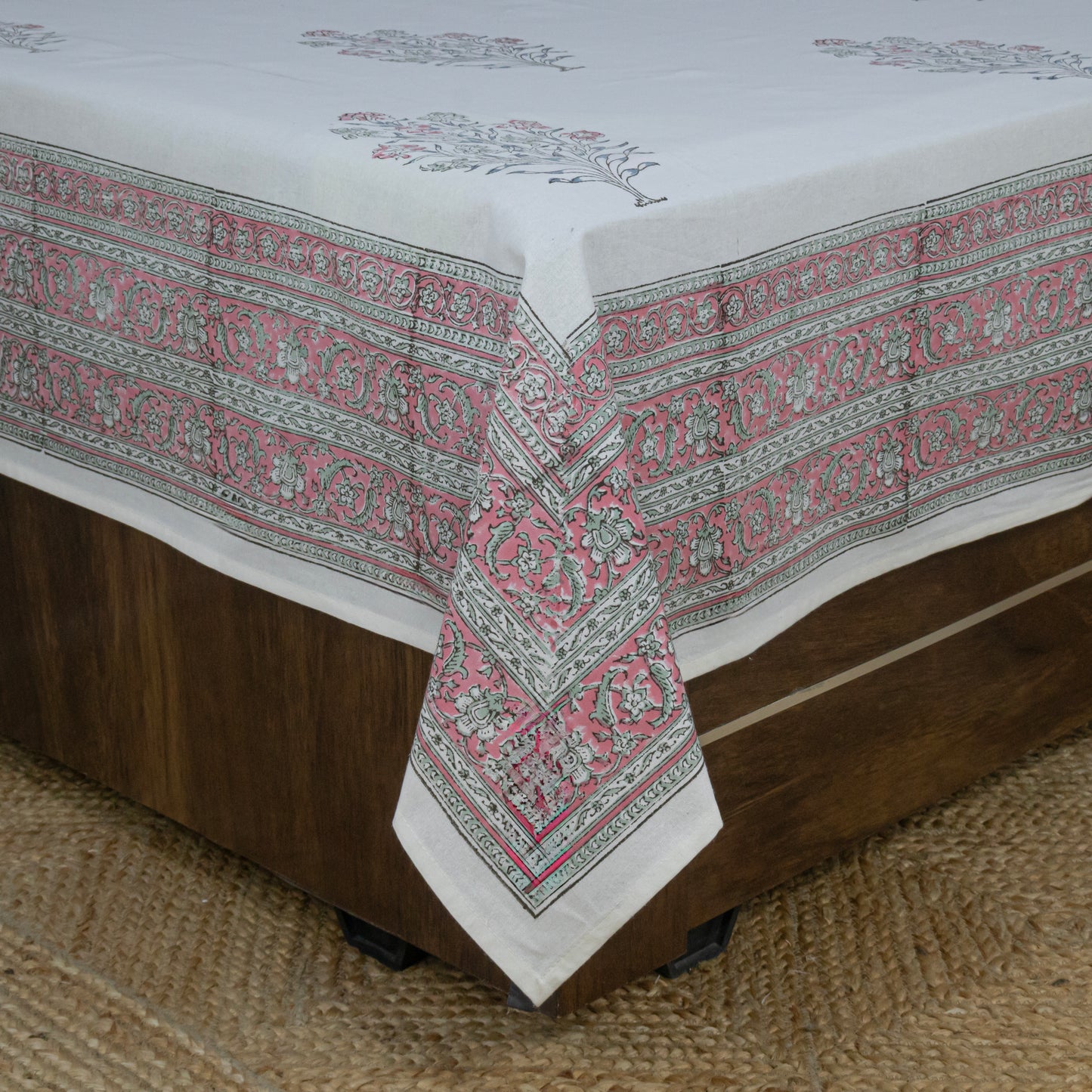 Cotton Bedsheet – Hand Block Floral Print – White & Pink – King, Queen, Twin Sizes - My Store