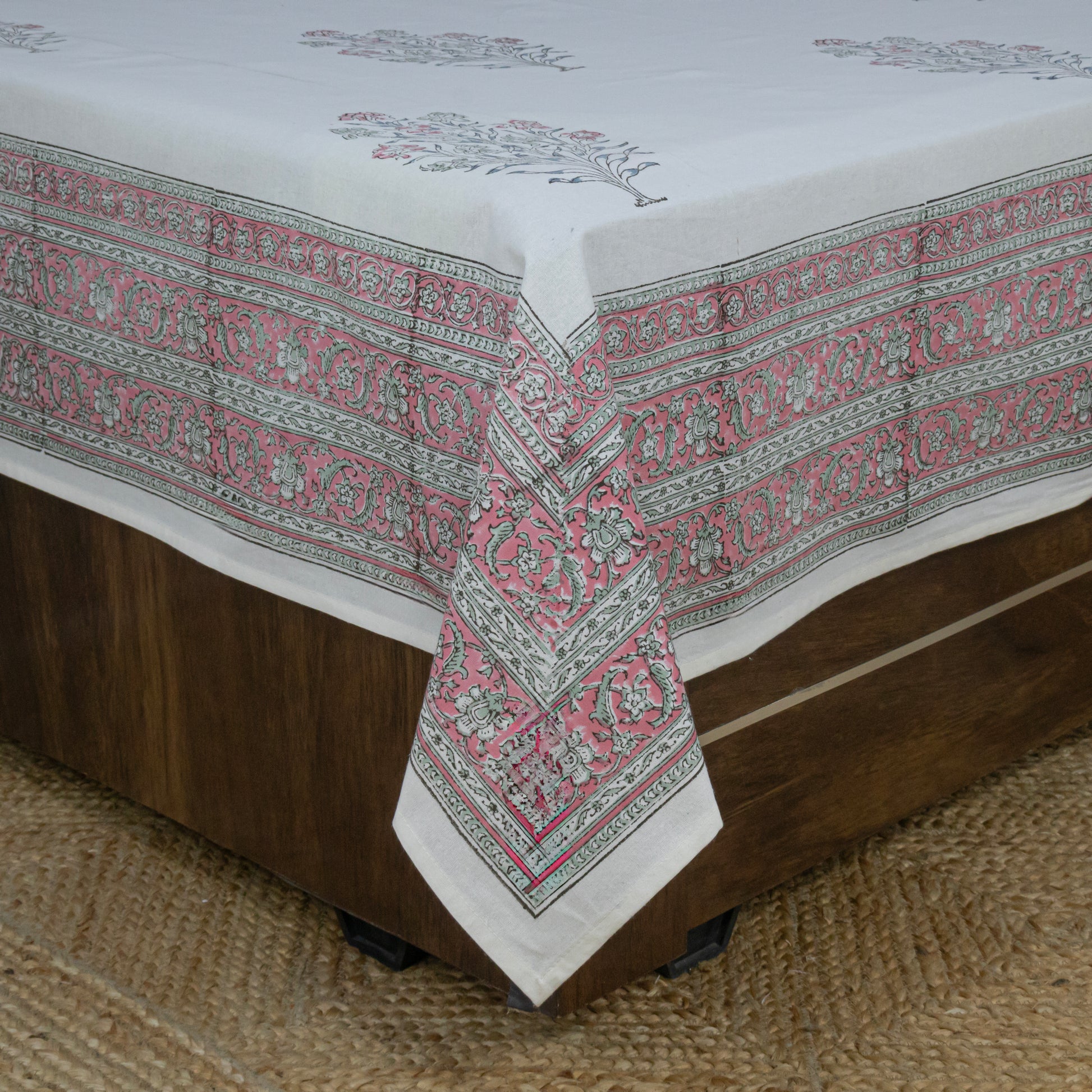 Cotton Bedsheet – Hand Block Floral Print – White & Pink – King, Queen, Twin Sizes - My Store