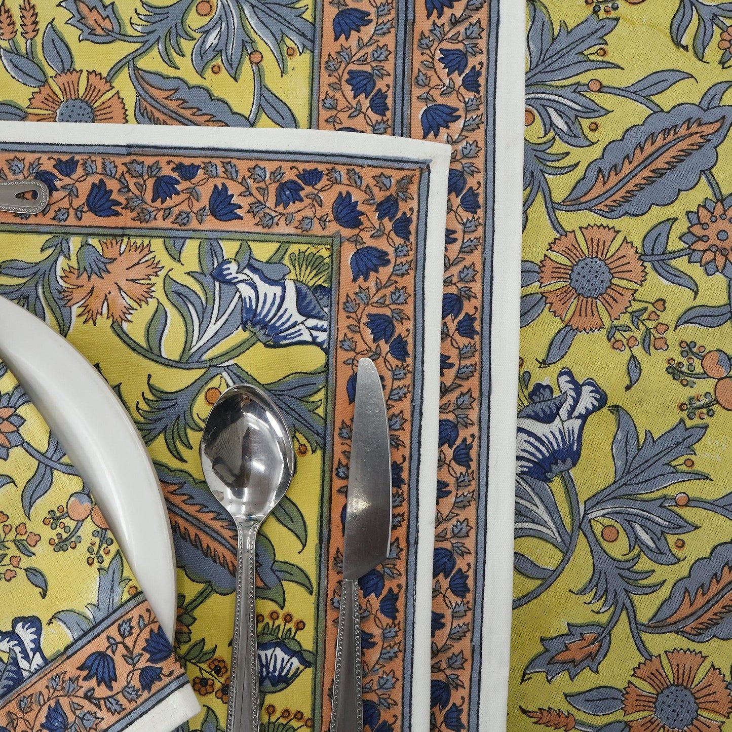 Blue & Yellow Cotton Hand Block Printed Round Tablecloth - My Store