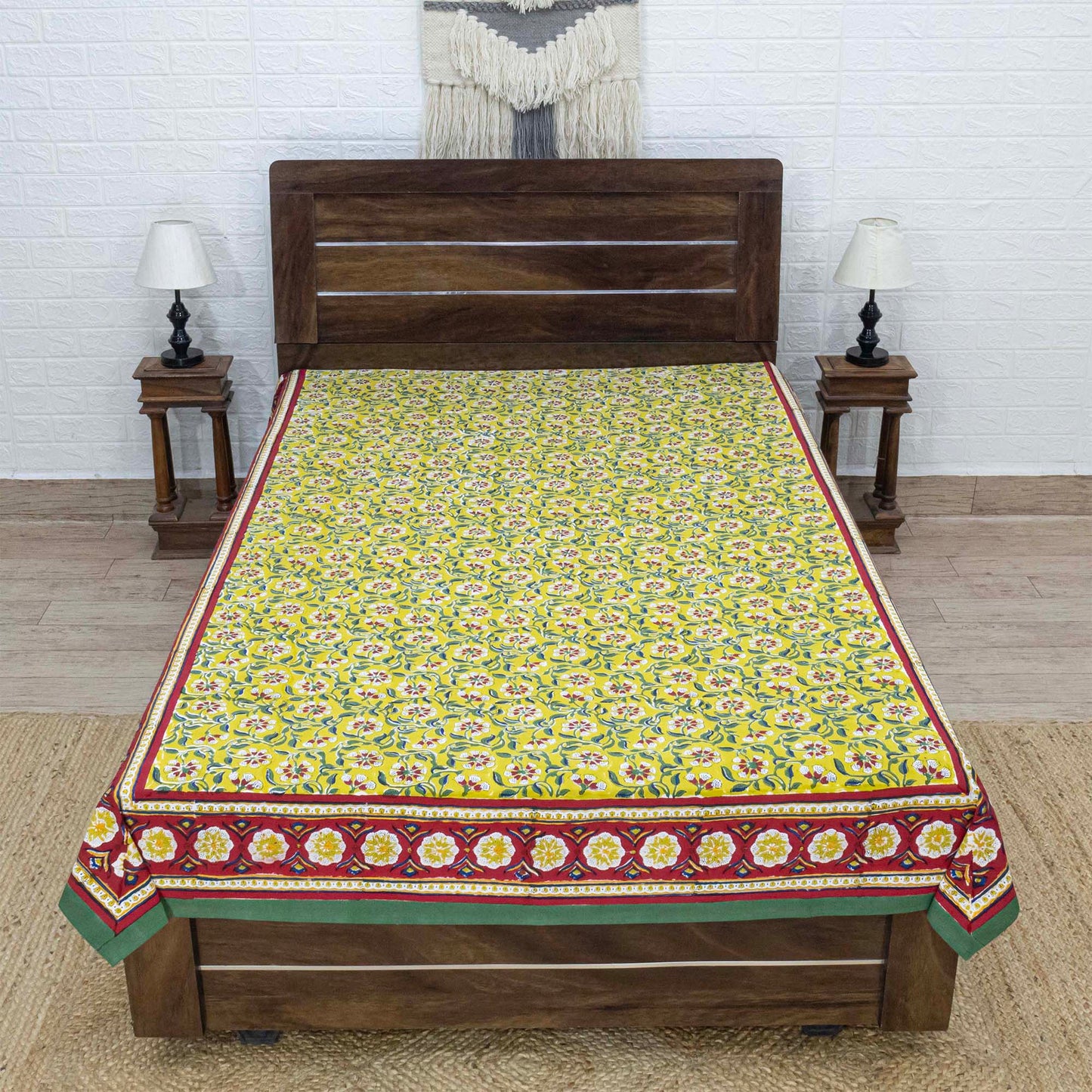 Cotton Bedsheet – Hand Block Floral Print – Yellow & Green – King, Queen, Twin Sizes - My Store