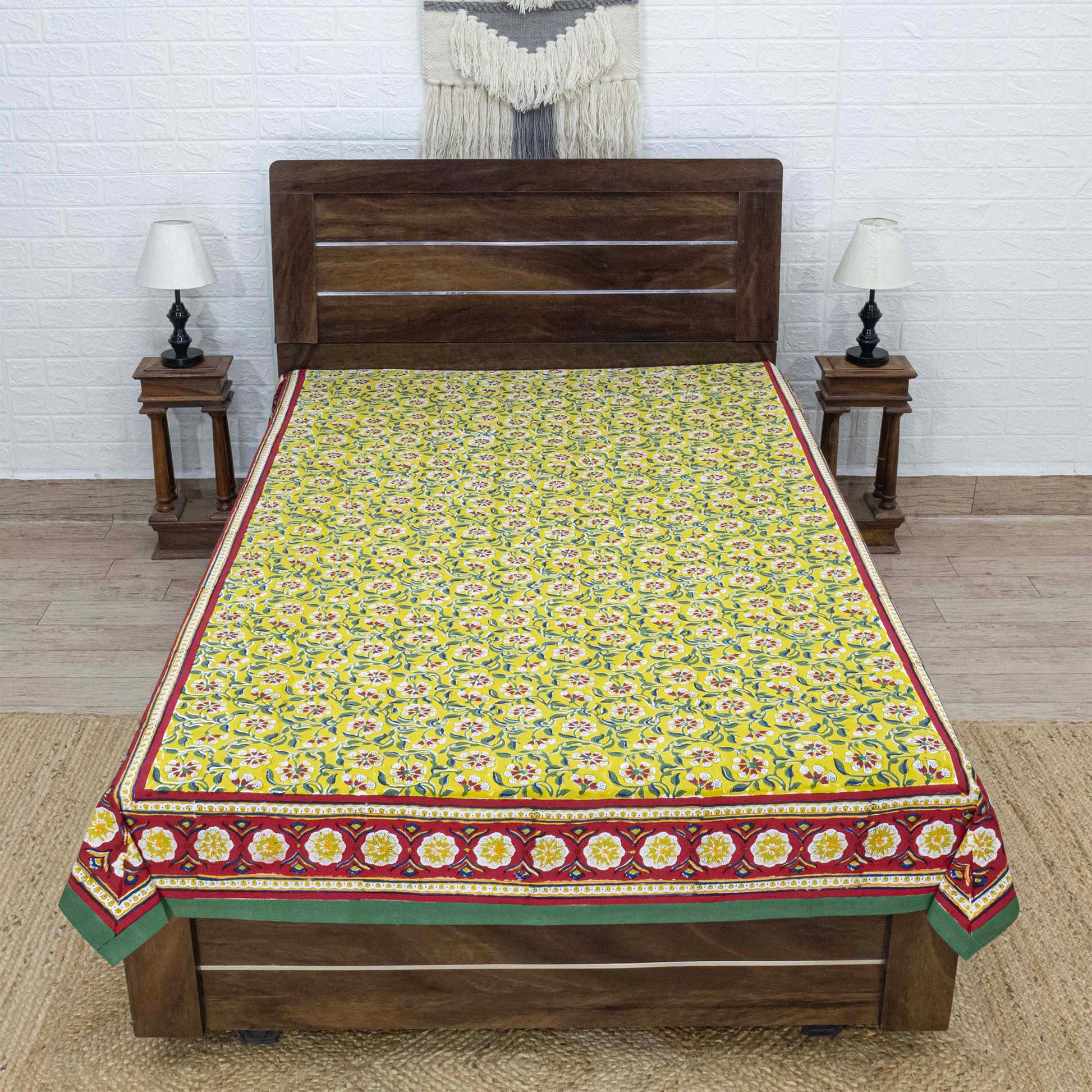 Cotton Bedsheet – Hand Block Floral Print – Yellow & Green – King, Queen, Twin Sizes - My Store