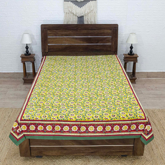 Cotton Bedsheet – Hand Block Floral Print – Yellow & Green – King, Queen, Twin Sizes - My Store