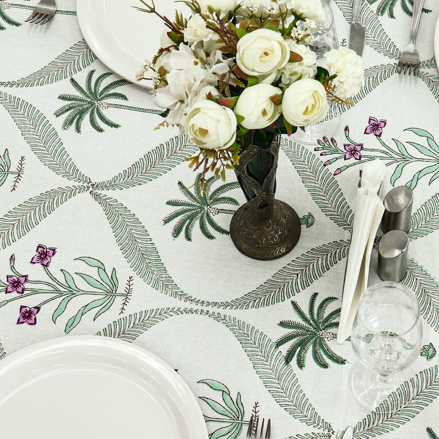 Green and Yellow Floral Table Cloth, Block Print Table Cover - My Store