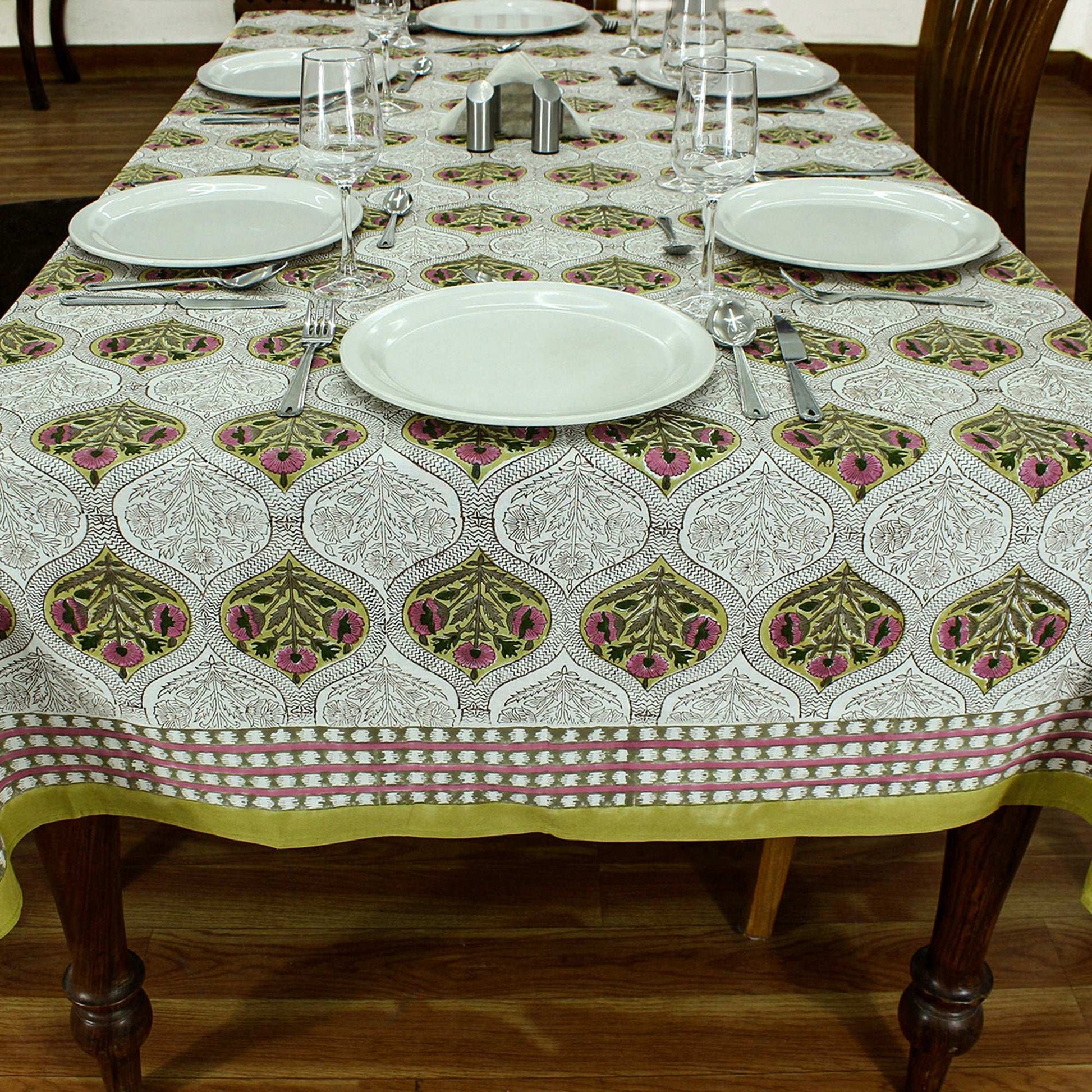 Yellow Indian Hand Block Printed Cotton Cloth Tablecloth With Floral Border - My Store