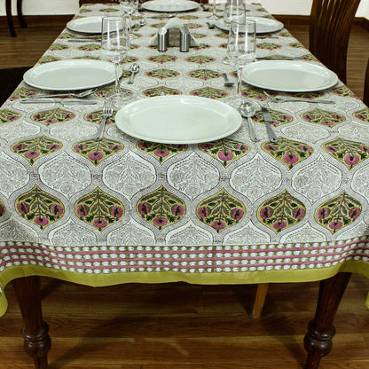 Yellow Indian Hand Block Printed Cotton Cloth Tablecloth With Floral Border - My Store