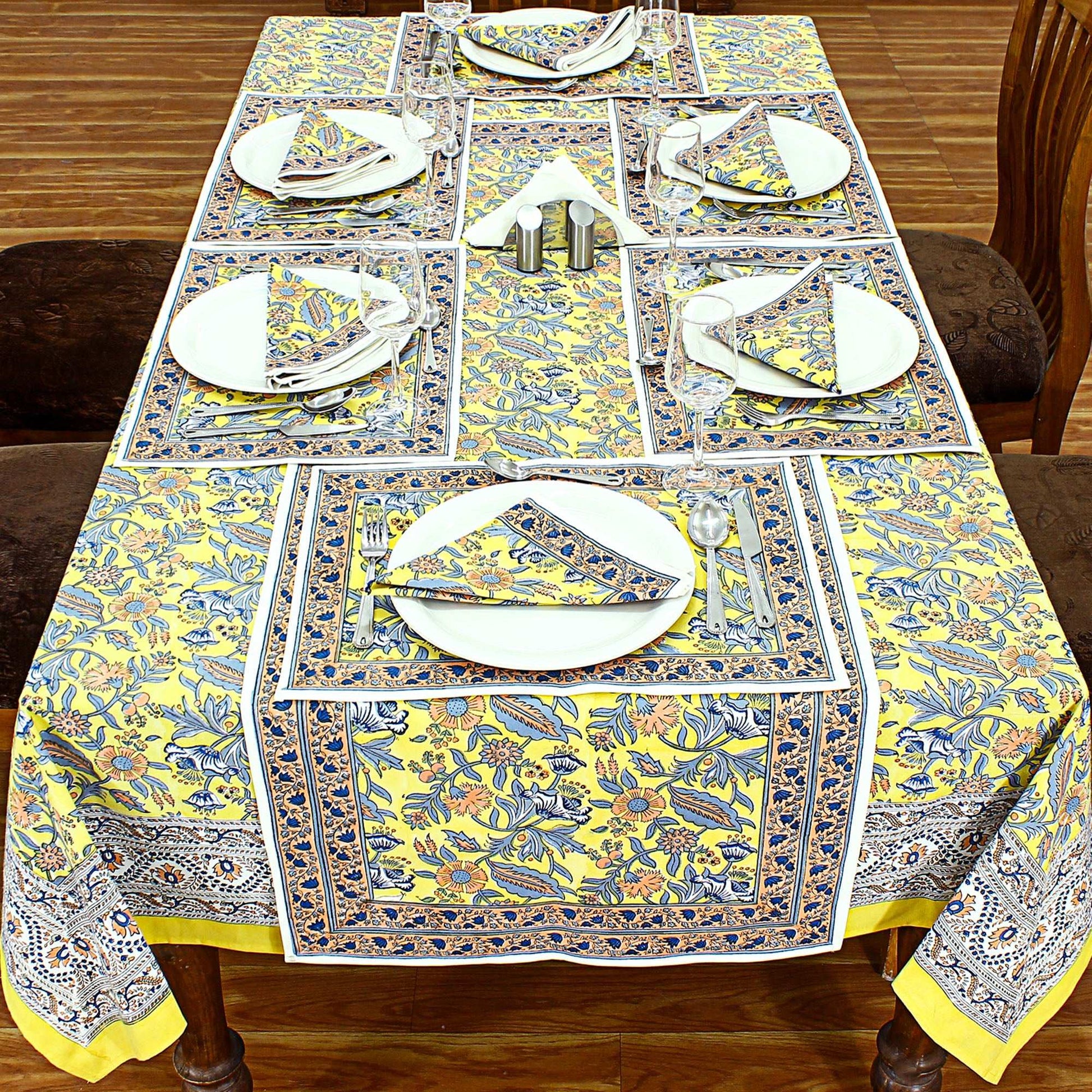 Yellow Indian Hand Block Printed Cotton Cloth Tablecloth For Dinning Decor - My Store