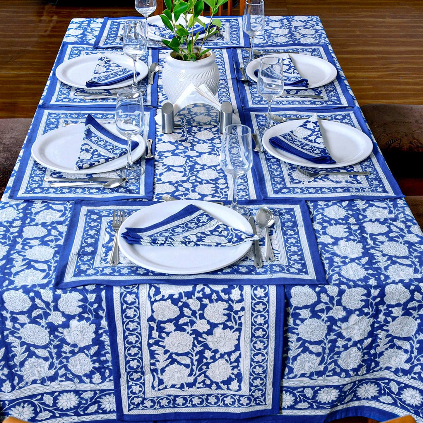 Indian Handmade Blue Cotton Tablecloths For Rectangle Tables - My Store