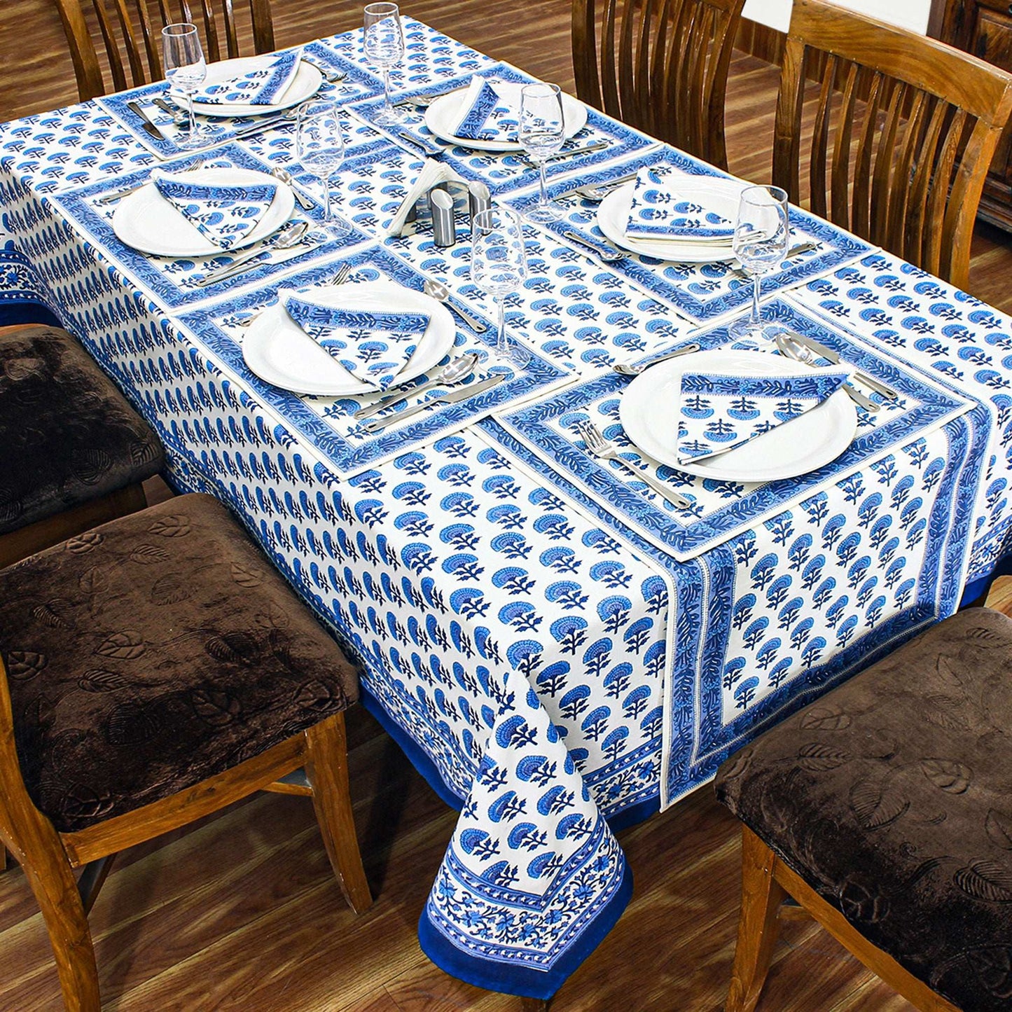 White and Blue Hand Block Printed Cotton Tablecloth - My Store