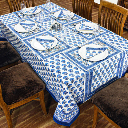 White and Blue Hand Block Printed Cotton Tablecloth - My Store