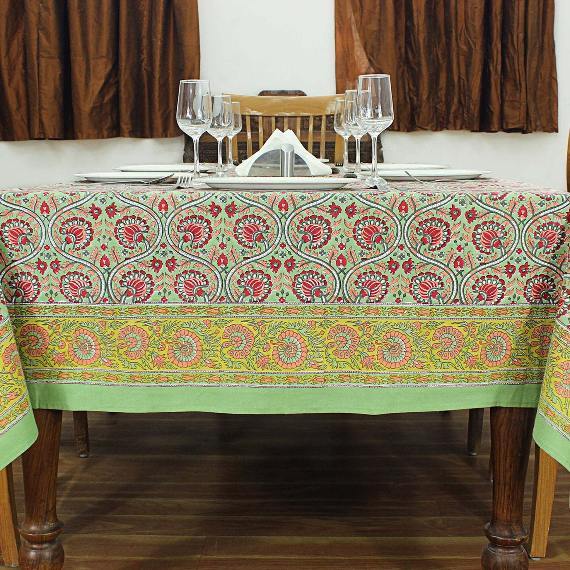 Indian Hand Block Printed Red and Green Rectangle Tablecloth - My Store