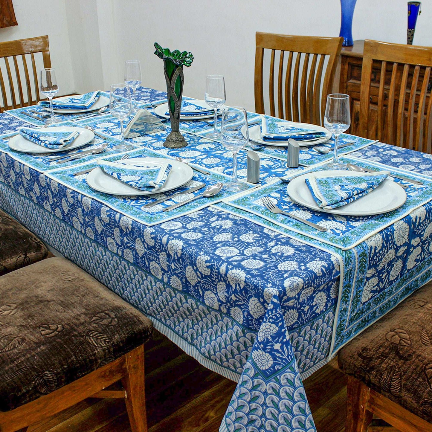 Blue and White Floral Hand Block Printed Cotton Tablecloth - My Store