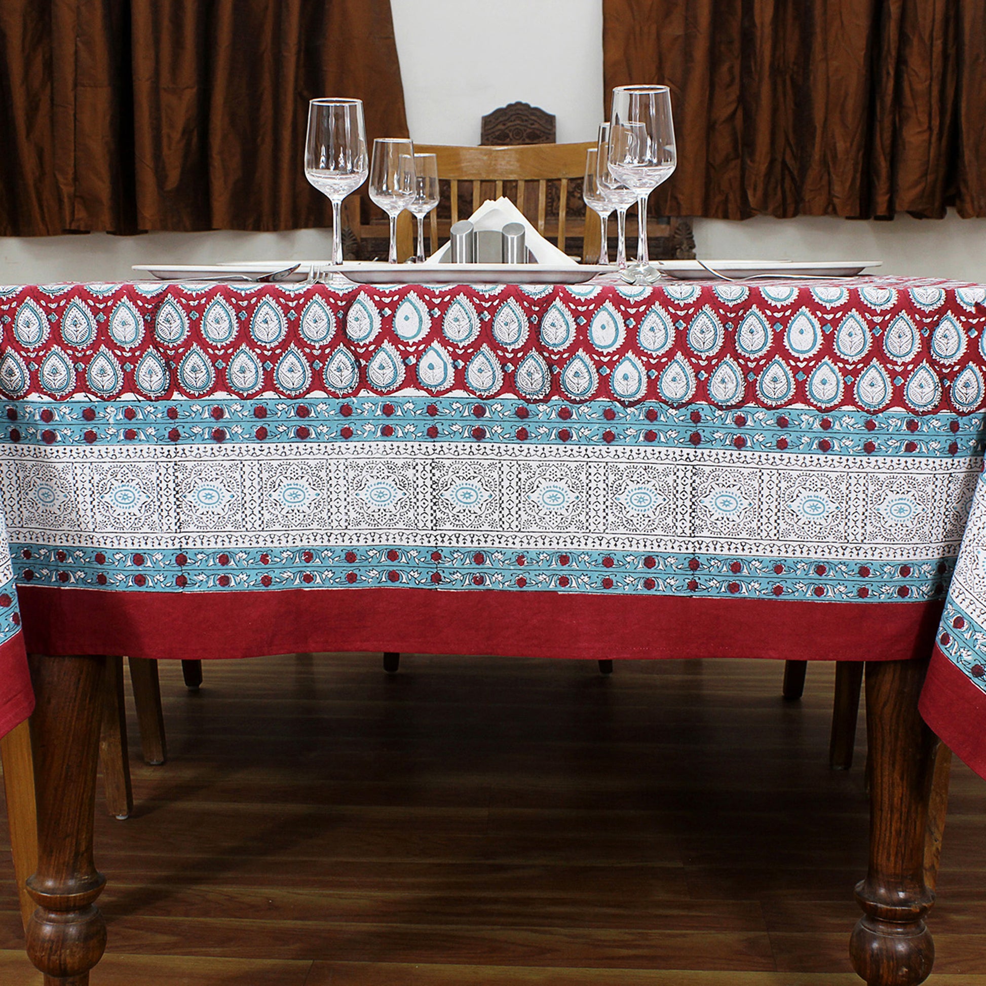 Cotton Red and White Hand Block Printed Dinning Tablecloth - My Store