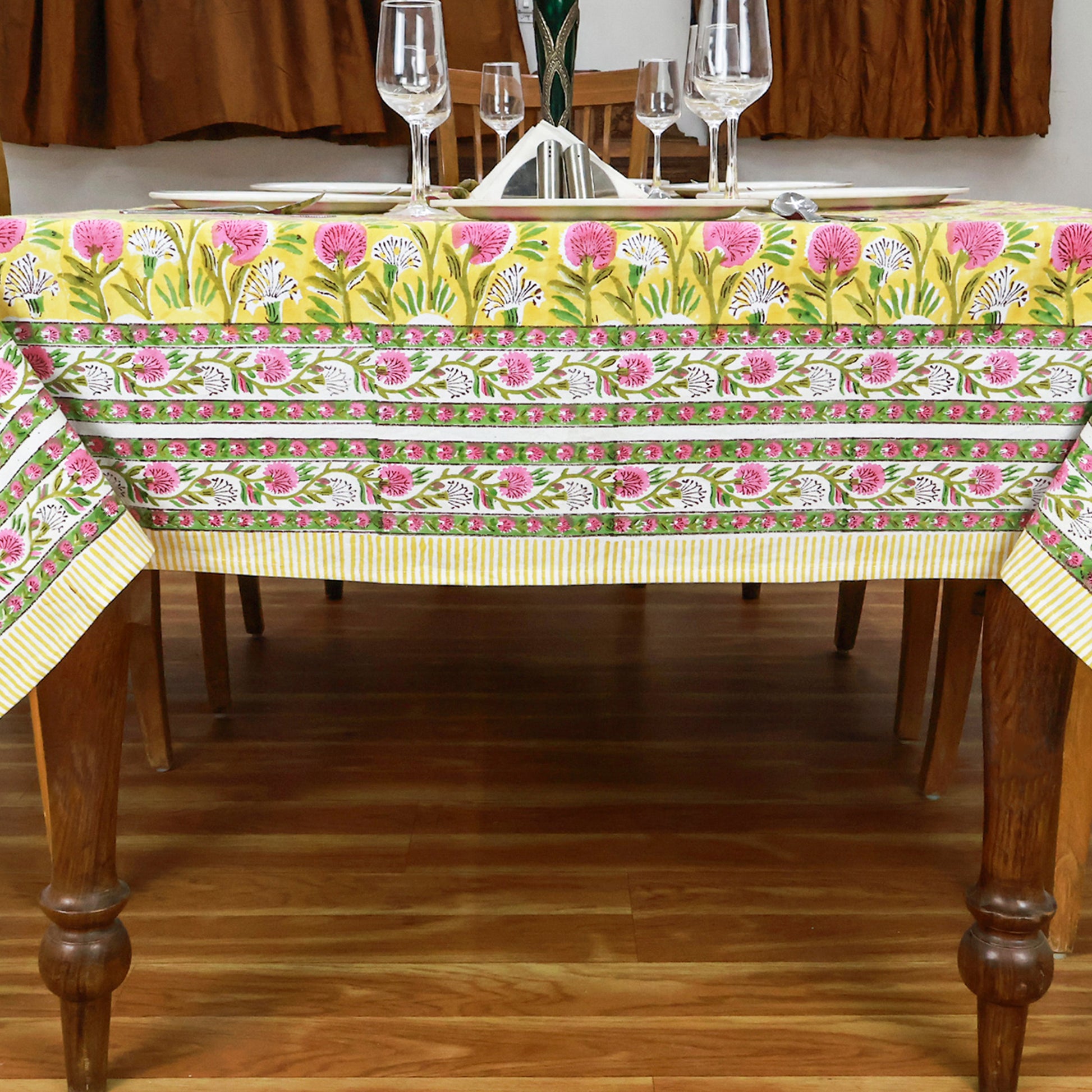 Red and Yellow Handmade Block Printed Rectangle Dinning Tablecloth for Table Decor - My Store