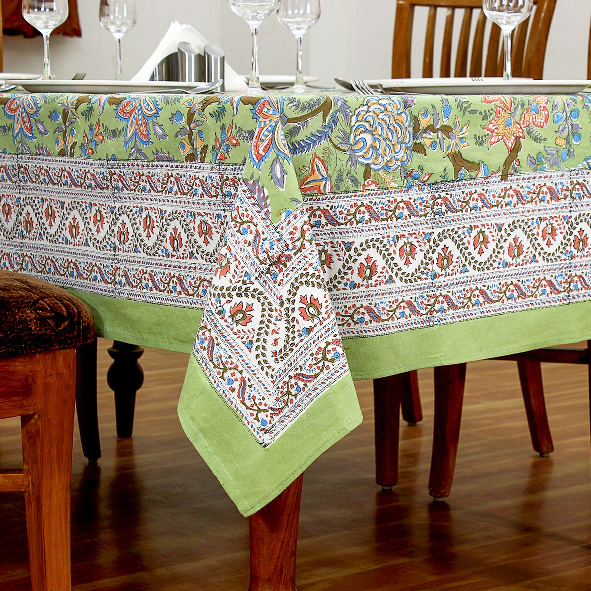 Green and Red Block Printed Cotton Rectangle Dinning Tablecloth - My Store