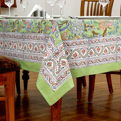 Green and Red Block Printed Cotton Rectangle Dinning Tablecloth - My Store