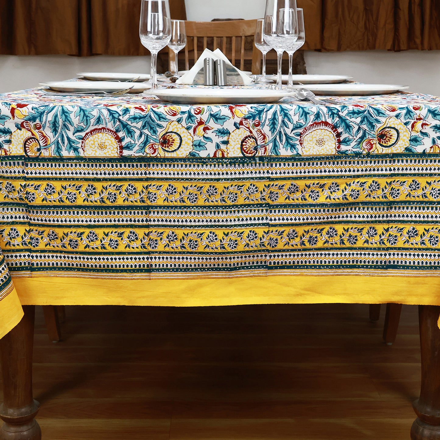 Indian Hand Block Printed Cotton Yellow and Green Dinning Tablecloth - My Store