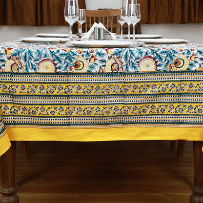 Indian Hand Block Printed Cotton Yellow and Green Dinning Tablecloth - My Store