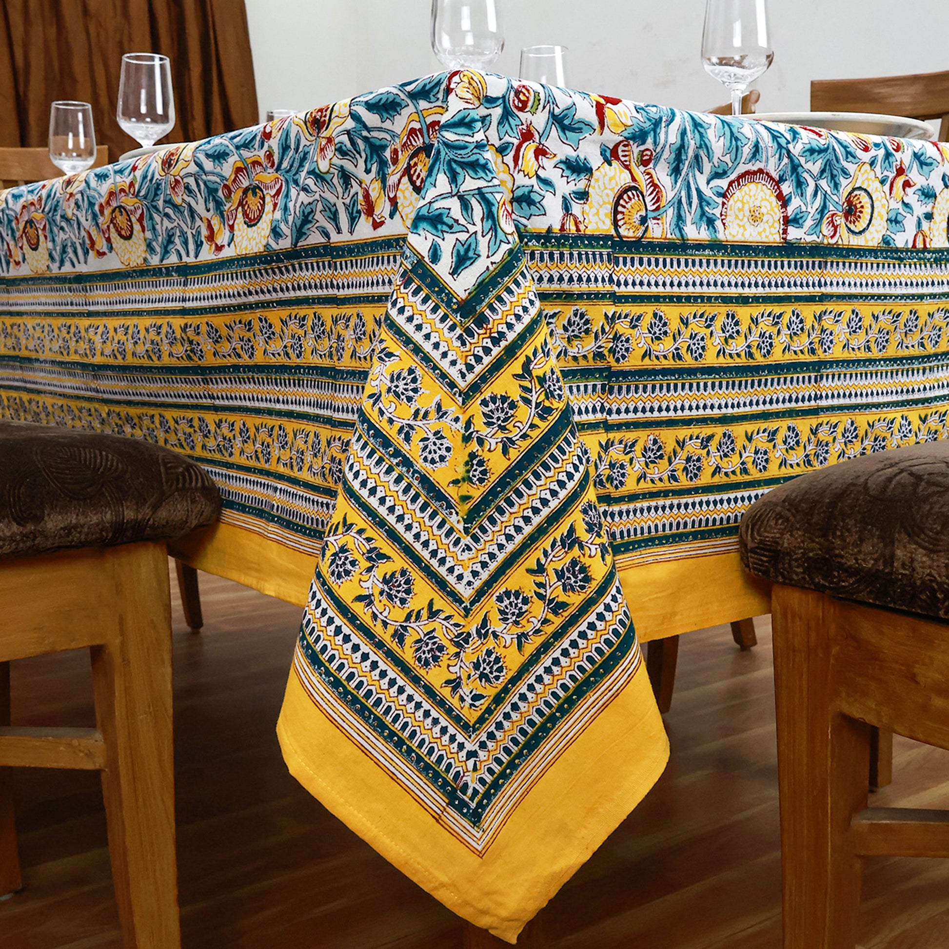 Indian Hand Block Printed Cotton Yellow and Green Dinning Tablecloth - My Store