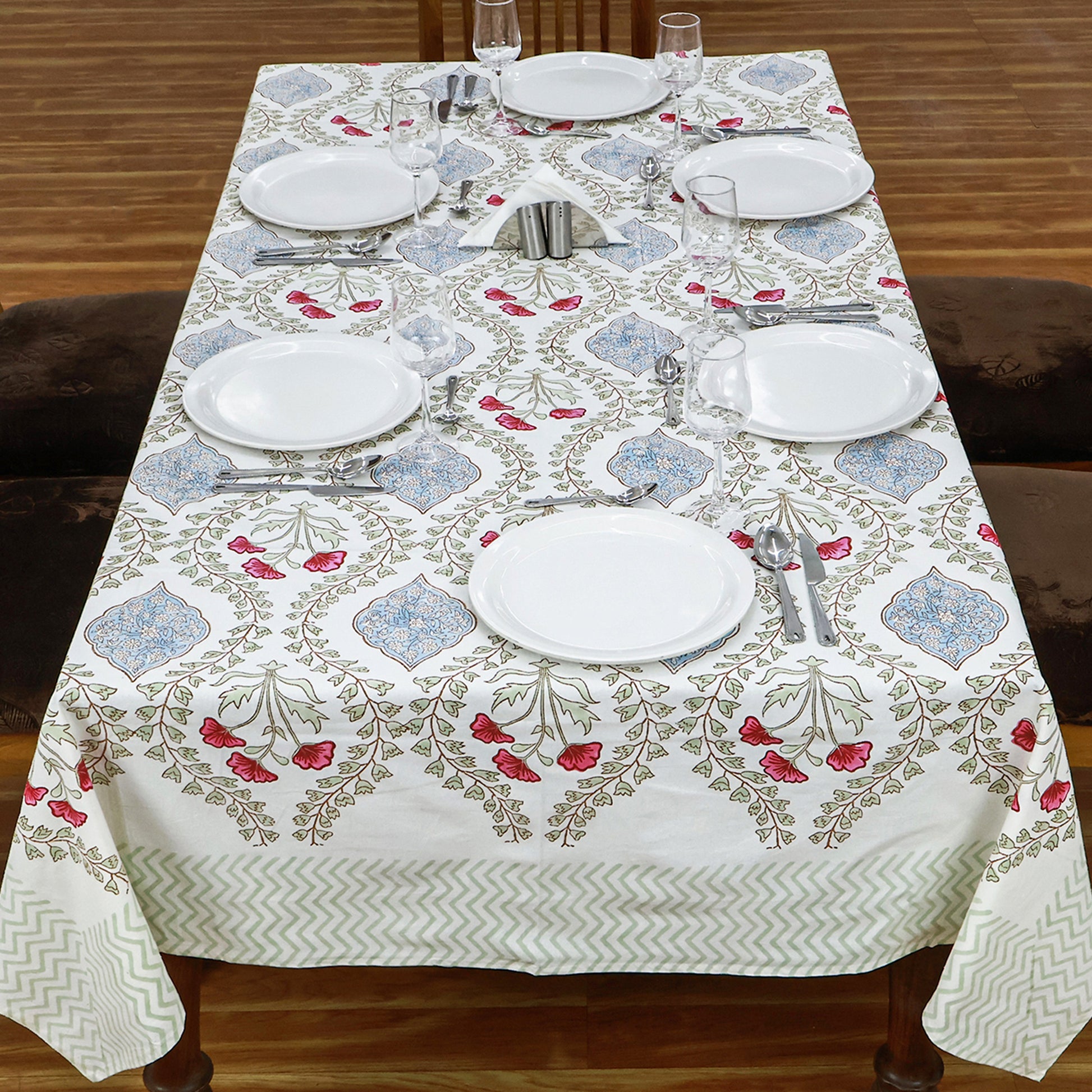 Natural Hand Block Printed White Red Tablecloth For Dinning Decor - My Store
